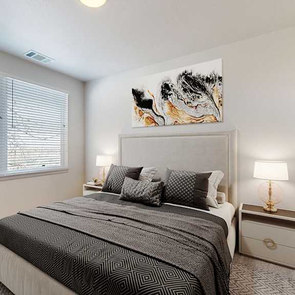 a bedroom with a large bed and a painting above it.