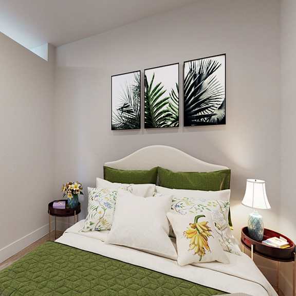 a bedroom with a bed, a bench, and a painting on the wall.