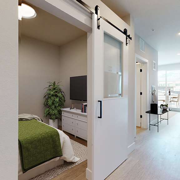 a bedroom with a bed, a tv, a plant, and a sliding door.
