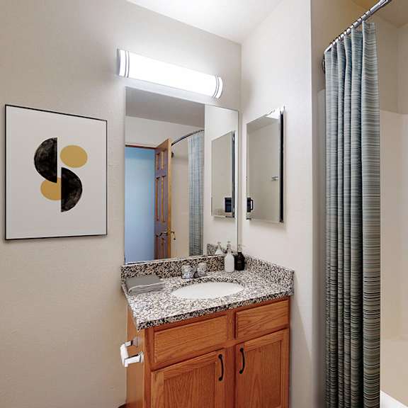 a bathroom with a sink, mirror, and a picture on the wall.