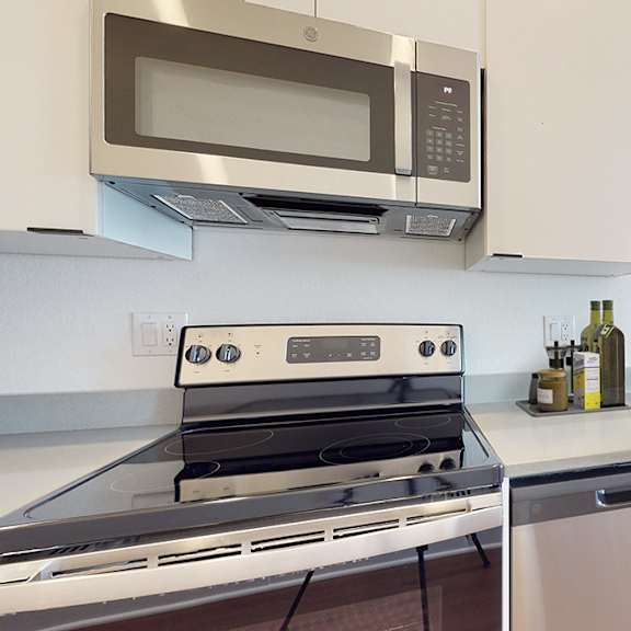 a modern kitchen with a stove, microwave, and dishwasher.