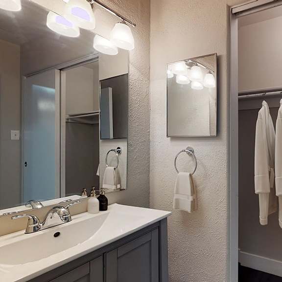 a bathroom with a white sink and a mirror.