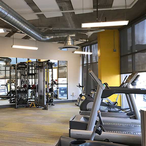 a gym with a variety of equipment including treadmills, weights, and exercise machines.