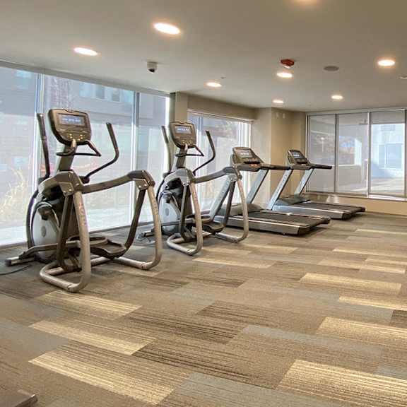 a gym with treadmills, elliptical machines, and dumbbells.