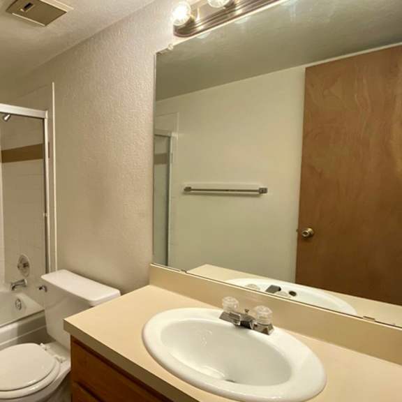 a bathroom with a toilet, sink, and shower.
