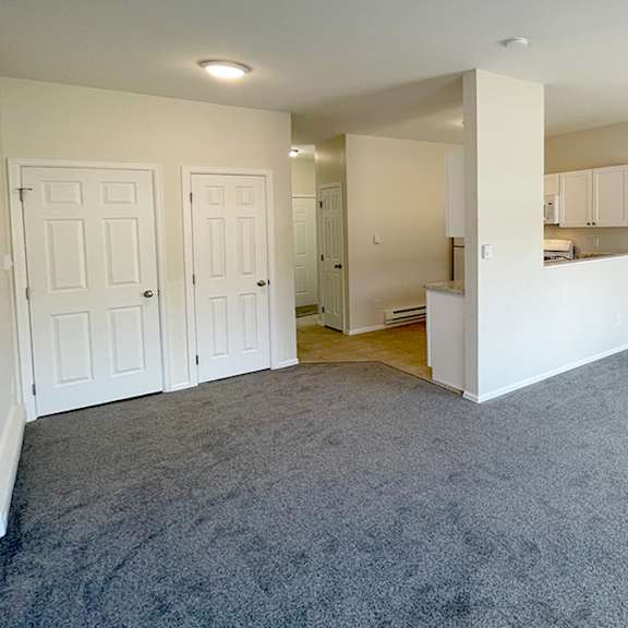 a room with white doors and a grey carpet.