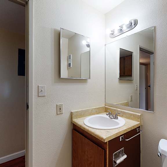 a bathroom with a sink, mirror, and toilet.