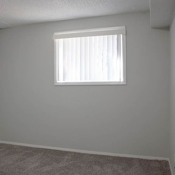 a room with a carpeted floor and a window with blinds.