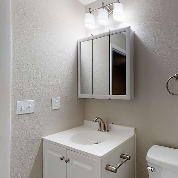 a bathroom with a sink, mirror, and toilet.