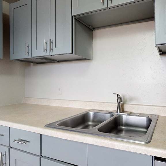 a kitchen with a sink and cabinets.