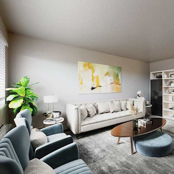 a living room with a grey sofa and a wooden coffee table.