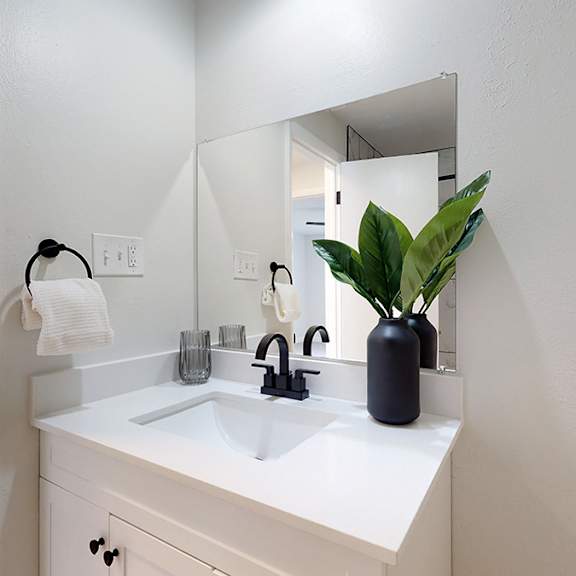 a bathroom with a white sink and a mirror.