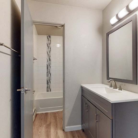 a bathroom with a sink, mirror, and shower.