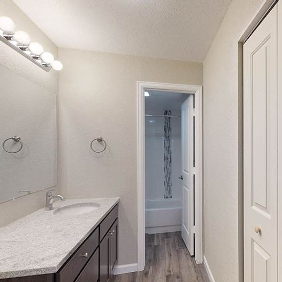 a bathroom with a sink, mirror, and a shower with a glass door.