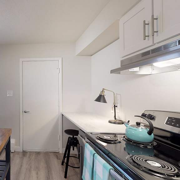 a kitchen with a stove, refrigerator, and a counter with plates and cups on it.