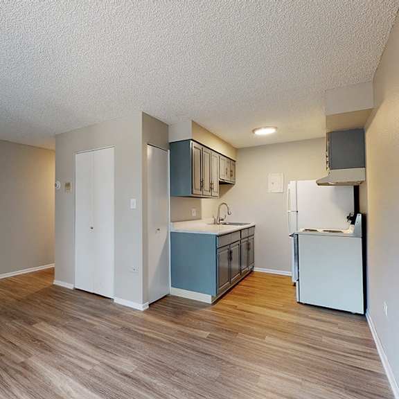 a kitchen area with a sink, refrigerator, and cabinets.