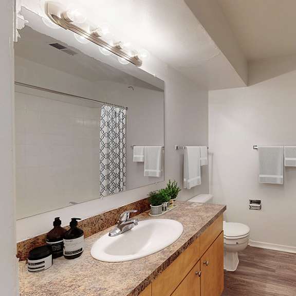 a bathroom with a sink, mirror, toilet