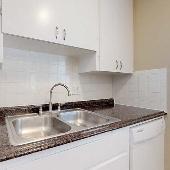 a kitchen with a sink and cabinets.