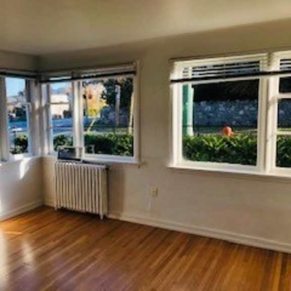 a sunny room with a window and a radiator.