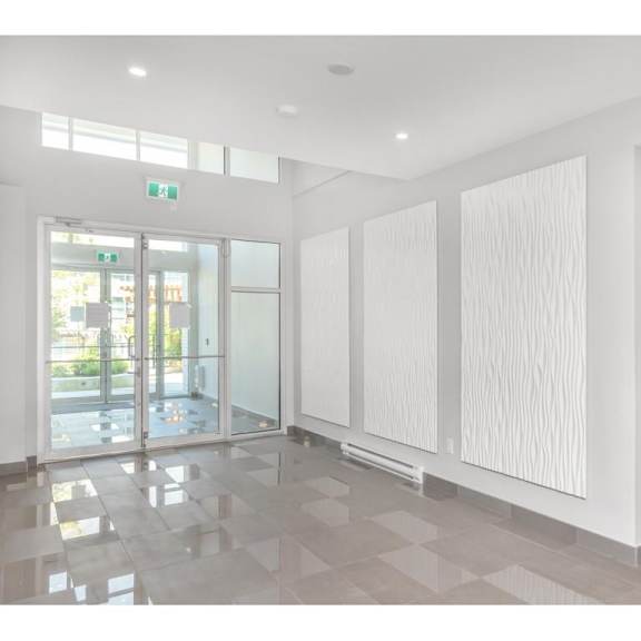 a white interior with a tiled floor and a white door.