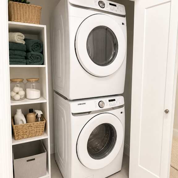 a white washing machine and dryer in a laundry room.