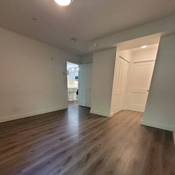a wooden floor leads to a white room with a skylight.