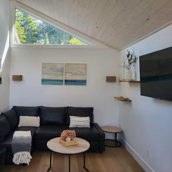a black couch with a white pillow and a white blanket is in the living room.