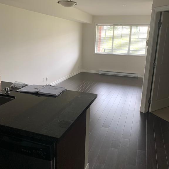 a kitchen with a black counter top and a dishwasher.