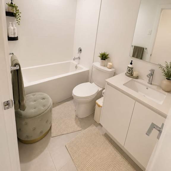 a white bathroom with a toilet, sink, and tub.