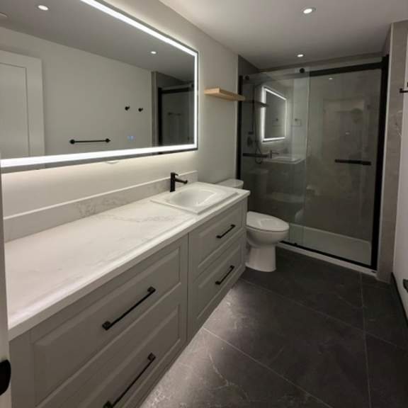 a bathroom with a sink, mirror, toilet and shower.