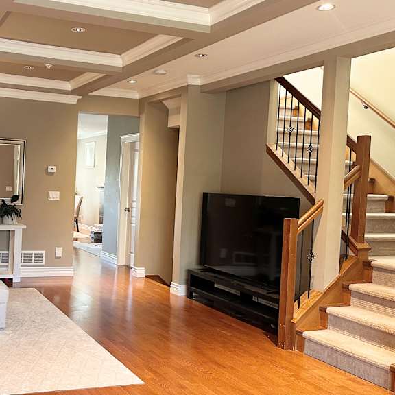 a living room with a couch, a fireplace, and a tv.