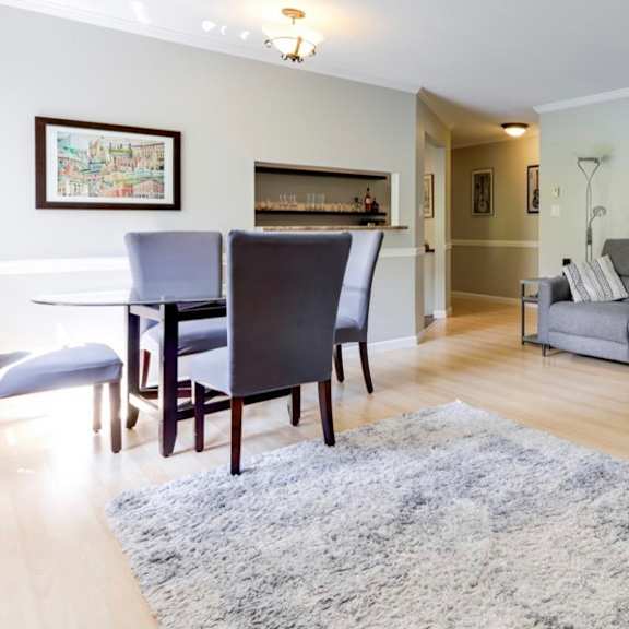 a living room with a grey couch and a grey rug.