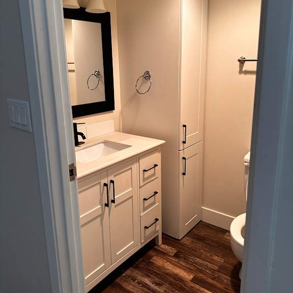 a bathroom with a shower and a toilet.