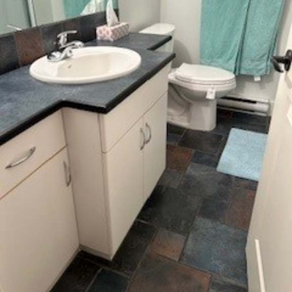 a bathroom with a sink, toilet, and a mirror.