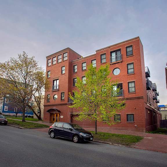 a tall red brick building with a tree in front of it.