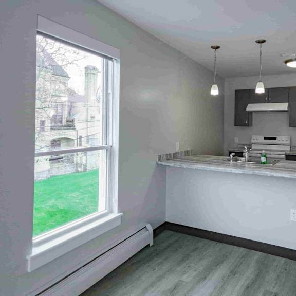 a kitchen with a white countertop and a window overlooking a green lawn.