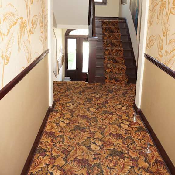 a hallway with a carpeted floor and a staircase.