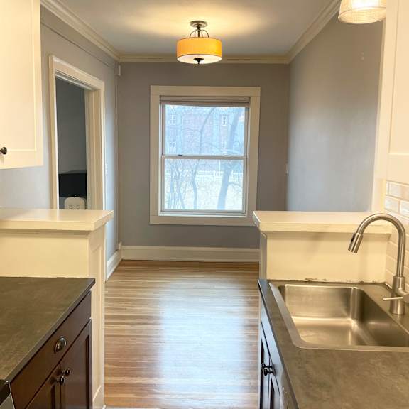 dining area with large window.