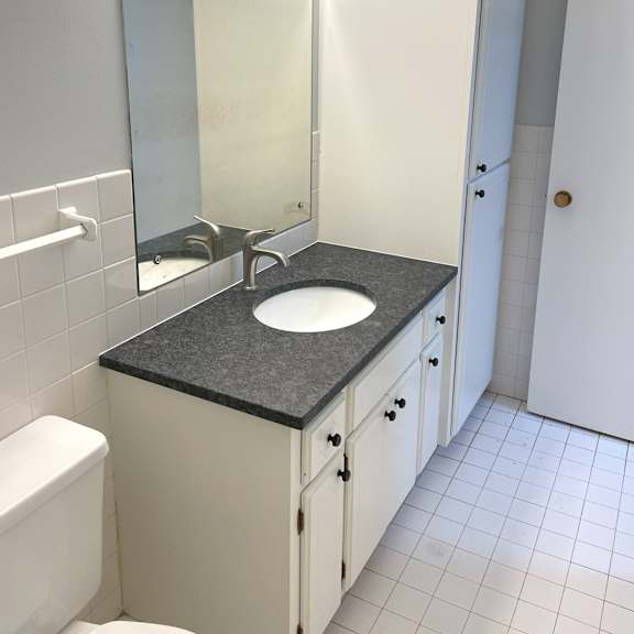 bathroom includes tall built-in linen cabinet.