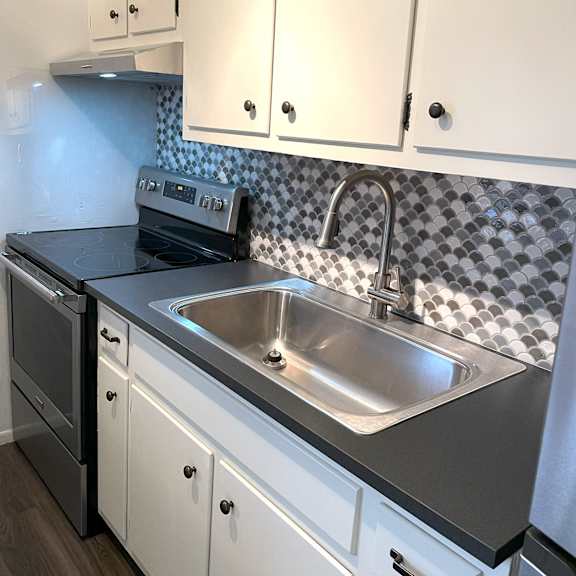 a kitchen with a sink and a stove.