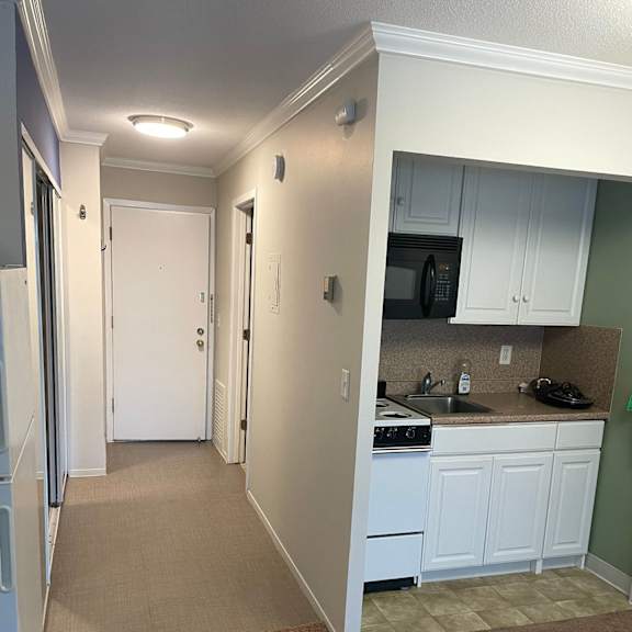 a kitchen with white cabinets and a white door.