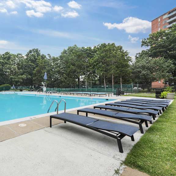 pool with lounge chairs at stratford at southern towers, alexandria, va, 22311