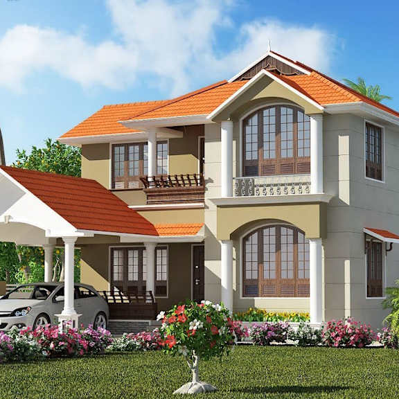 a two-story house with a red roof and a carport is surrounded by a garden with flowers and palm trees.