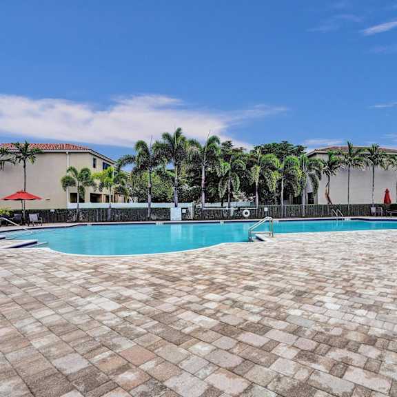 community pool surrounded by palm trees and a clear blue sky.