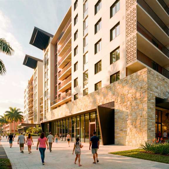 a modern building with a stone facade and palm trees in the foreground.