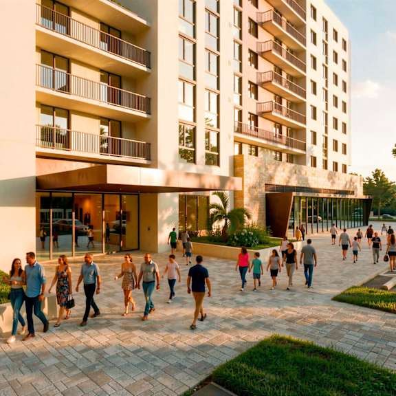 a modern building with people walking around in front.
