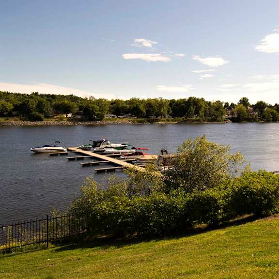 a lake with boats docked at a pier and a walkway leading to a grassy area.