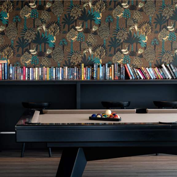 recreation room with pool table and bookshelf at baseline apartments, ontario