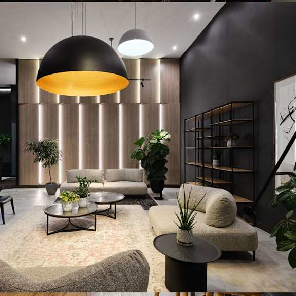 contemporary living room with pendant lighting and plants at baseline apartments, ottawa, on