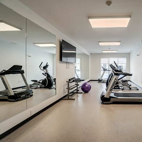 a gym with treadmills, elliptical machines, and a purple exercise ball.